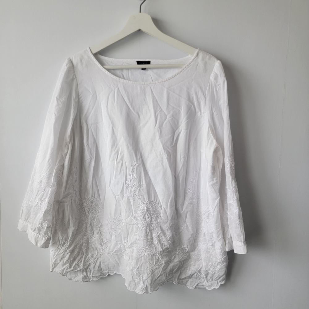 Talbots women's floral embroidery scoop-neck top szL long-sleeve scalloped hem